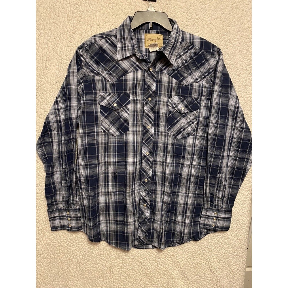 Wrangler Wrancher Mens BluePlaid Pearl Snap Western Short Sleeve Shirt Sz XL